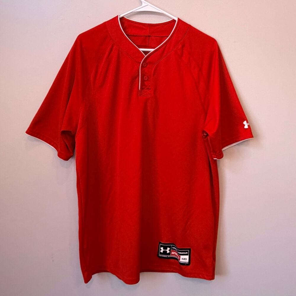 Under Armour Authentic Men's Medium Red Baseball Jersey Henley HeatGear Loose